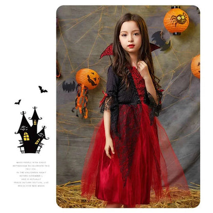 Vampire Costume for Girls Halloween Princess Party Dress Kids Cosplay Dresses Children Stand Collar Tulle Lace Black Red Clothes - Property & Safety Tradings