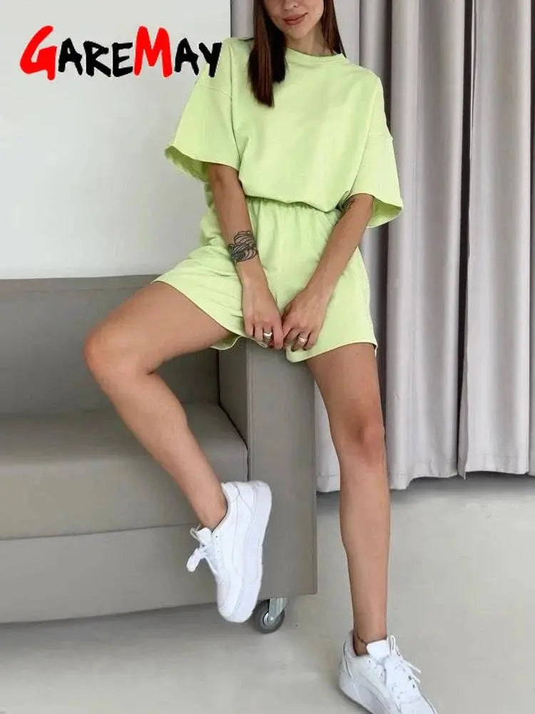 Women's Summer Suit with Shorts Cotton Side Split Oversized Two-piece Top and Shorts Set Loose Casual Suit for Women Outfit - Property & Safety Tradings