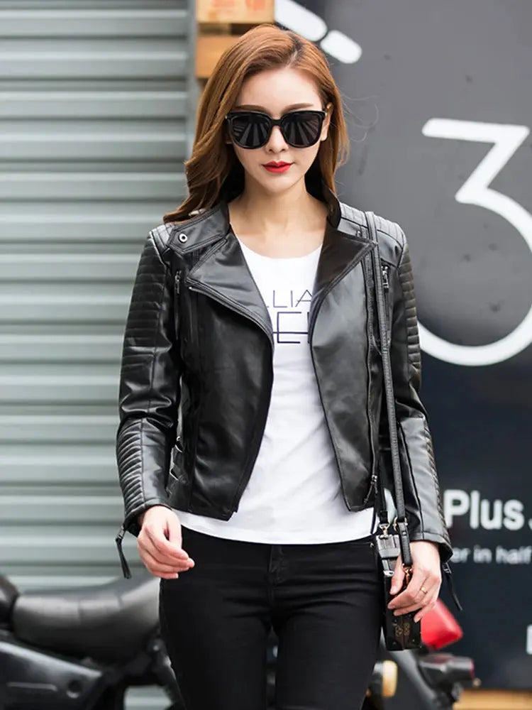 Fitaylor Spring Autumn Women Punk Leather Jacket PU Faux Leather Jackets Basic Bomber Leather Motorcycle Black Coat - Property & Safety Tradings