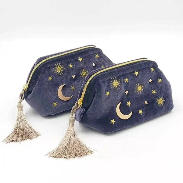 Cute Velvet Embroidery Cosmetic Bag Travel Organizer Women Makeup Bag Zipper Make Up Pouch with Moon Star Tassel Deco - PST PS Tradings