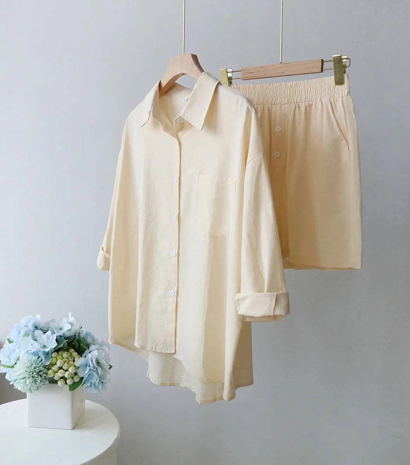 2024 Summer Casual Cotton Linen Suits with Shorts for Women Shirt and Shorts Set Outfit Long Sleeve Ankle-Length Pants Tracksuit - Property & Safety Tradings