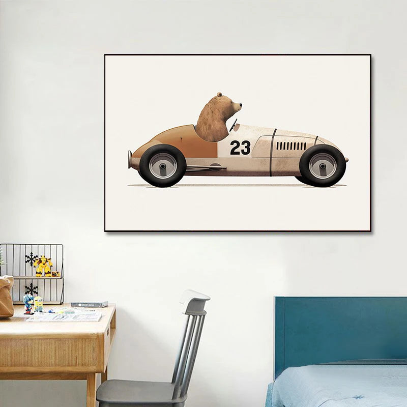 Funny Cartoon Animals Car Art Nursery Wall Poster Print Giraffe Bear Rabbit Children Kid Room Canvas Painting Home Decor Picture - Property & Safety Tradings