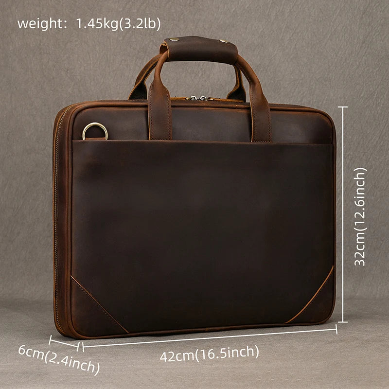 Crazy Horse Genuine Leather Men Briefcase Vintage 16 inch Big Business Laptop Handbag Large Cowhide Messenger Shoulder Bag Man