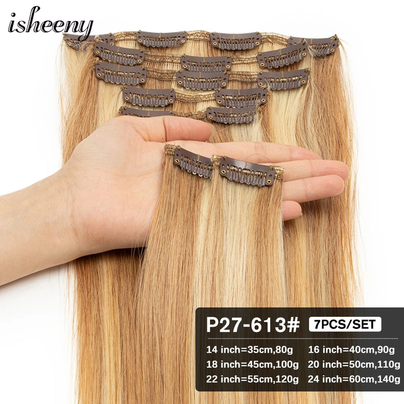 Isheeny 14"-24" Clip In Human Hair Extensions Brazilian Remy Natural Clip Human Hair Extension Real Natural Clip On 80G-140G - PST PS Tradings