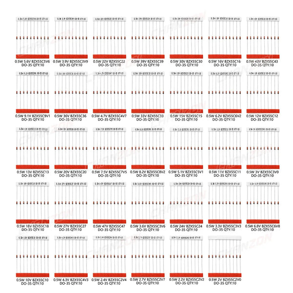 34 Values 0.5W Zener Diode Assorted Kit 2V 3V 3.3V 3.6V 5.1V 5.6V 7.5V 10V 12V 13V 15V 16V 18V 20V 22V 24V 30V 36V 39V 43V 47V - PST PS Tradings