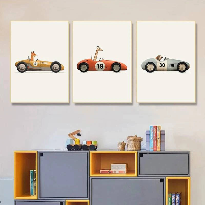 Funny Cartoon Animals Car Art Nursery Wall Poster Print Giraffe Bear Rabbit Children Kid Room Canvas Painting Home Decor Picture - Property & Safety Tradings