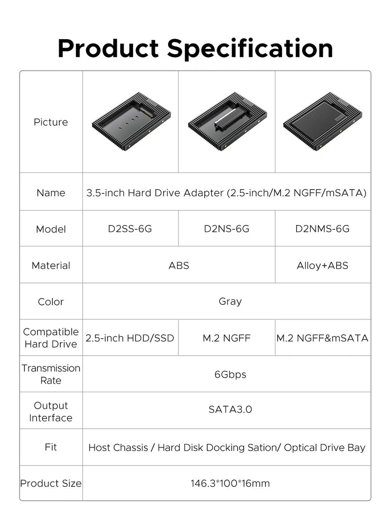 ORICO 2.5 SATA mSATA NGFF to 3.5 Hard Drive Caddy Standard 2.5 to 3.5 Inch Hard Drive Caddy SATA 3.0 Fast Transfer Speed-Black - PST PS Tradings