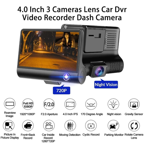 E-ACE B28P Car DVR 3 Cameras Lens 4.0 Inch Dash Camera Dual Lens Suppor Rearview Camera Video Recorder Auto Registrator Dash Cam - PST PS Tradings