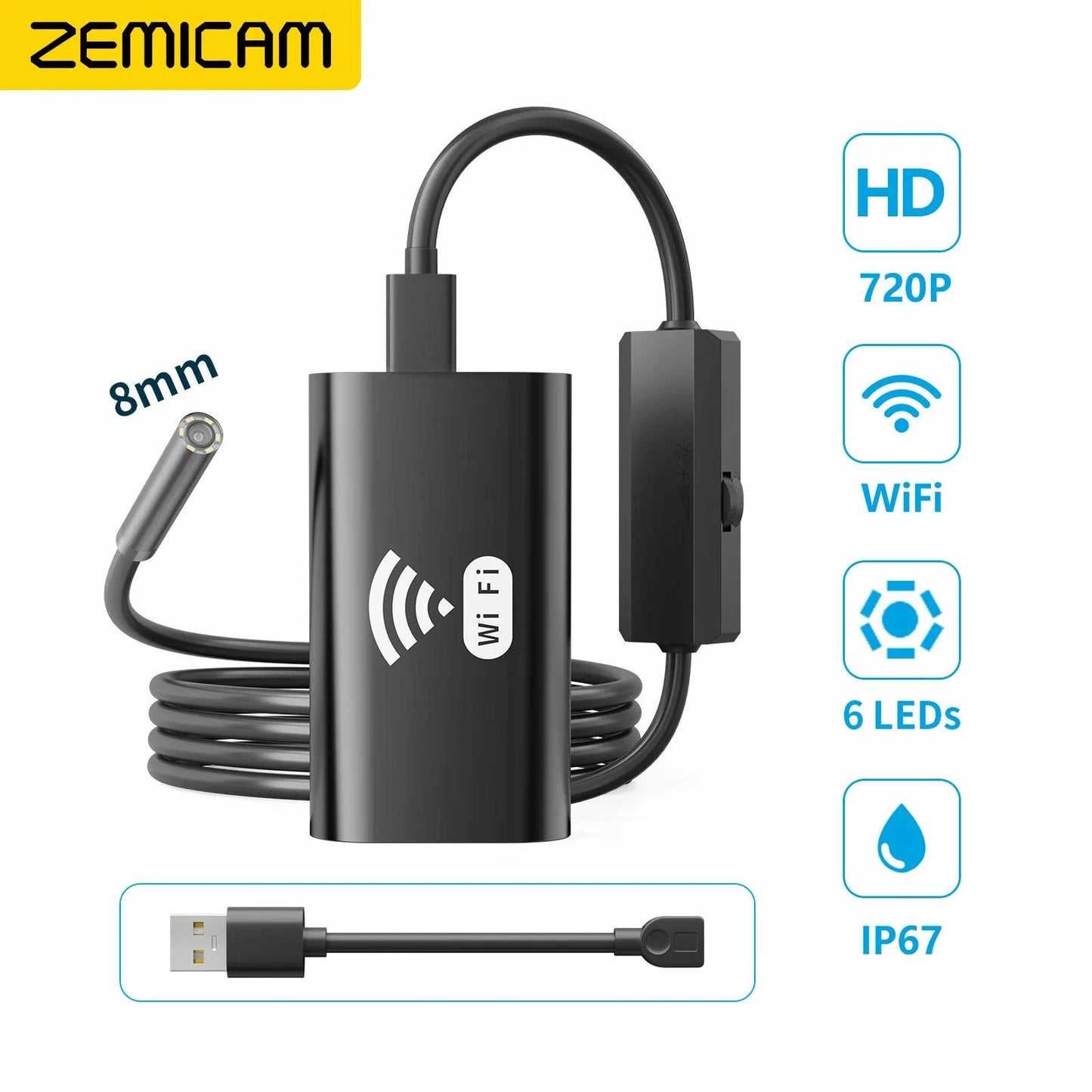 F99 Wifi Endoscope Camera HD720P 8mmLens USB Camera Semi-rigid Cable Waterproof Iphone Android Wireless Car Inspection Borescope - PST PS Tradings