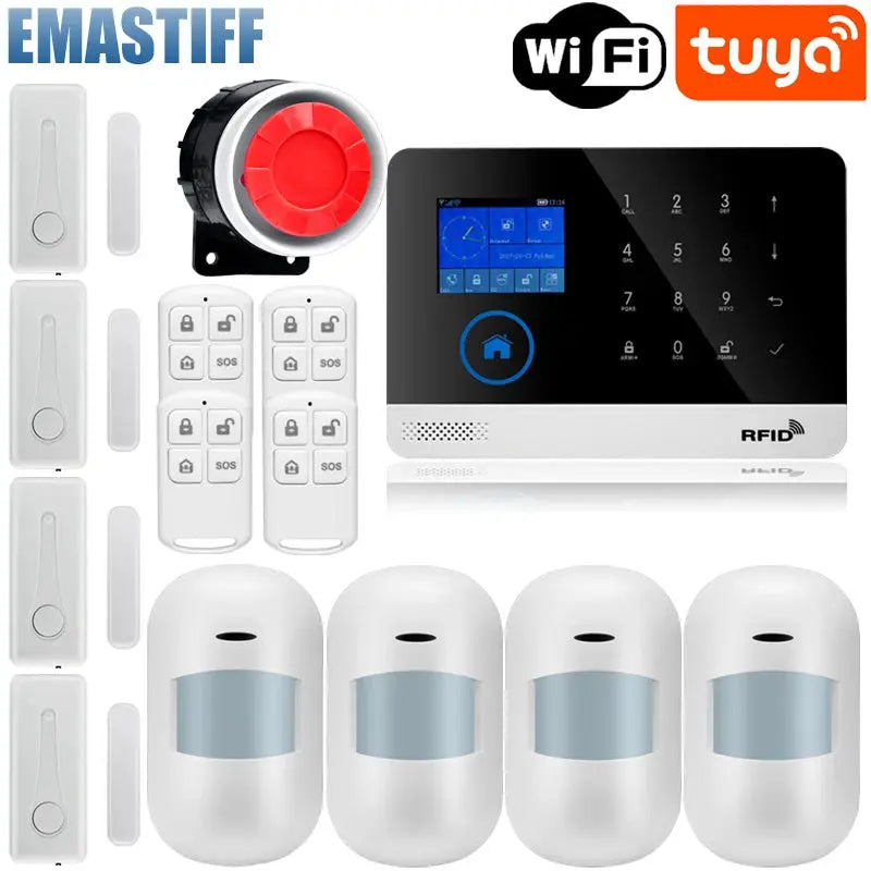 Wireless Tuya APP SIM GSM Home RFID Burglar Security LCD Touch Keyboard WIFI GSM Alarm System Sensor kit Russian,Spanish Voice - Property & Safety Tradings