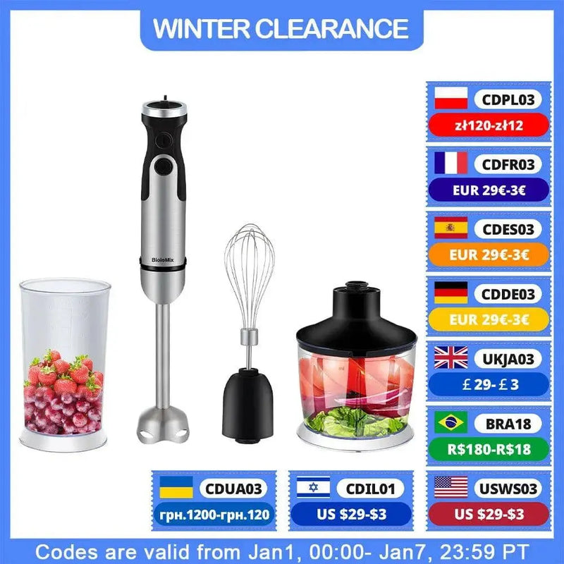 BioloMix 1200W 5-in-1 Immersion Hand Stick Blender Mixer Vegetable Meat Grinder 800ml Chopper Whisk 600ml Smoothie Cup - Property & Safety Tradings