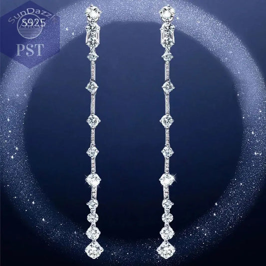 Silberne Nadel, lange baumelnde Ohrringe für Frauen, kubischer Zirkon, Kristall, Hochzeit, weibliche Quasten-Ohrringe  fashion, women, dress, clothes     PST PS Tradings