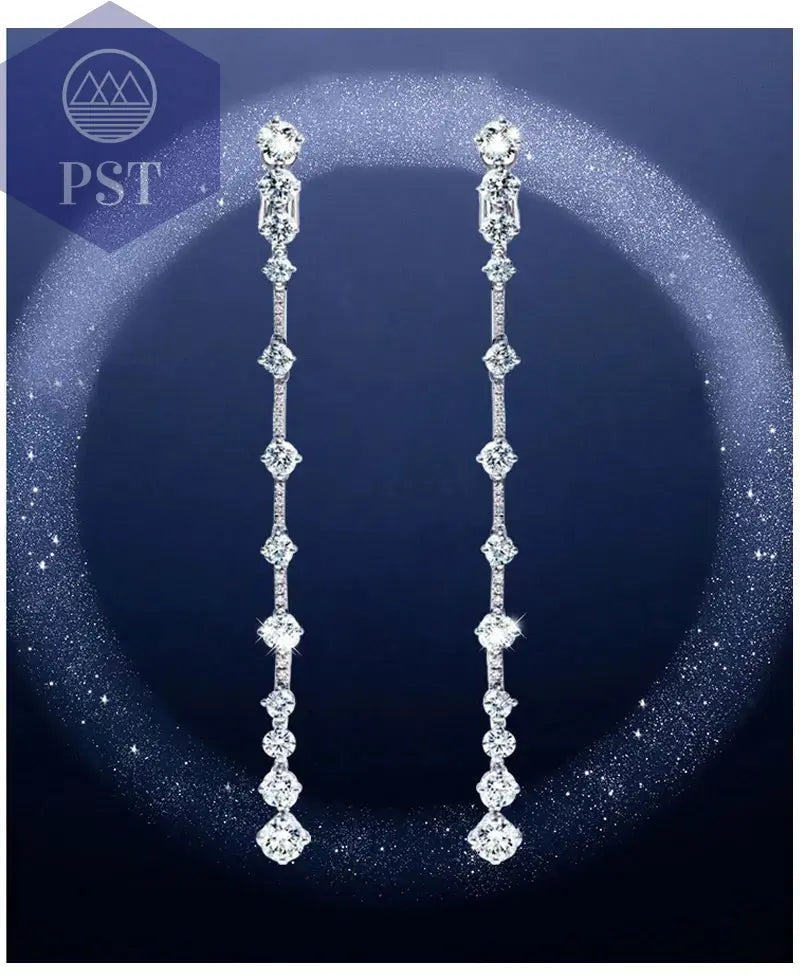 Silberne Nadel, lange baumelnde Ohrringe für Frauen, kubischer Zirkon, Kristall, Hochzeit, weibliche Quasten-Ohrringe  fashion, women, dress, clothes     PST PS Tradings