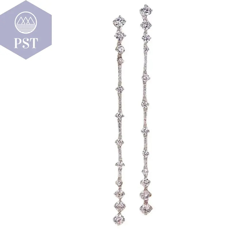 Silberne Nadel, lange baumelnde Ohrringe für Frauen, kubischer Zirkon, Kristall, Hochzeit, weibliche Quasten-Ohrringe  fashion, women, dress, clothes     PST PS Tradings
