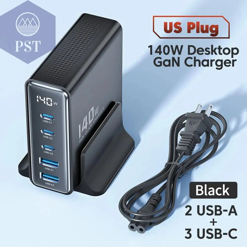 Toocki 140W GaN USB Charger 5in1 Desktop Fast Charge PST PS Tradings  US Black Toocki 140W GaN USB Charger 5in1 Desktop Fast Charge