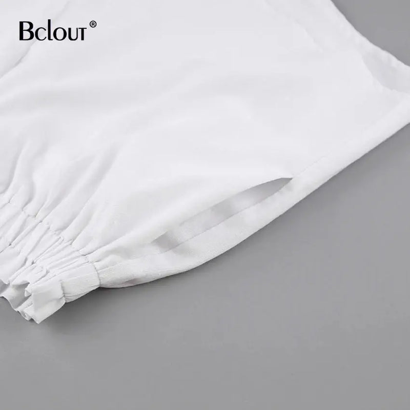 Bclout Summer Linen Ruffle Shorts Sets Women 2 Pieces 2024 Lantern Sleeve  White Tops Loose Elastic Waist Shorts Suits Vacation - Property & Safety Tradings