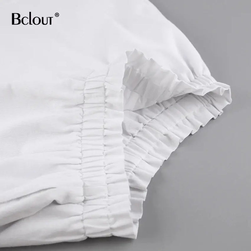 Bclout Summer Linen Ruffle Shorts Sets Women 2 Pieces 2024 Lantern Sleeve  White Tops Loose Elastic Waist Shorts Suits Vacation - Property & Safety Tradings