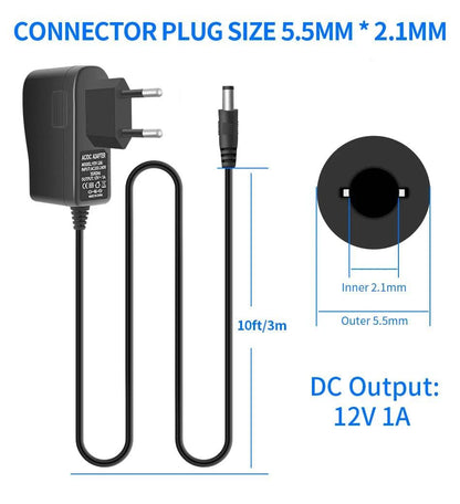 AC100-240V to DC 12V 1A 1000mA 12W Power Adapter 5.5 x 2.1mm Connector size 10 Feet Power Cord Supply for Security Cameras - PST PS Tradings