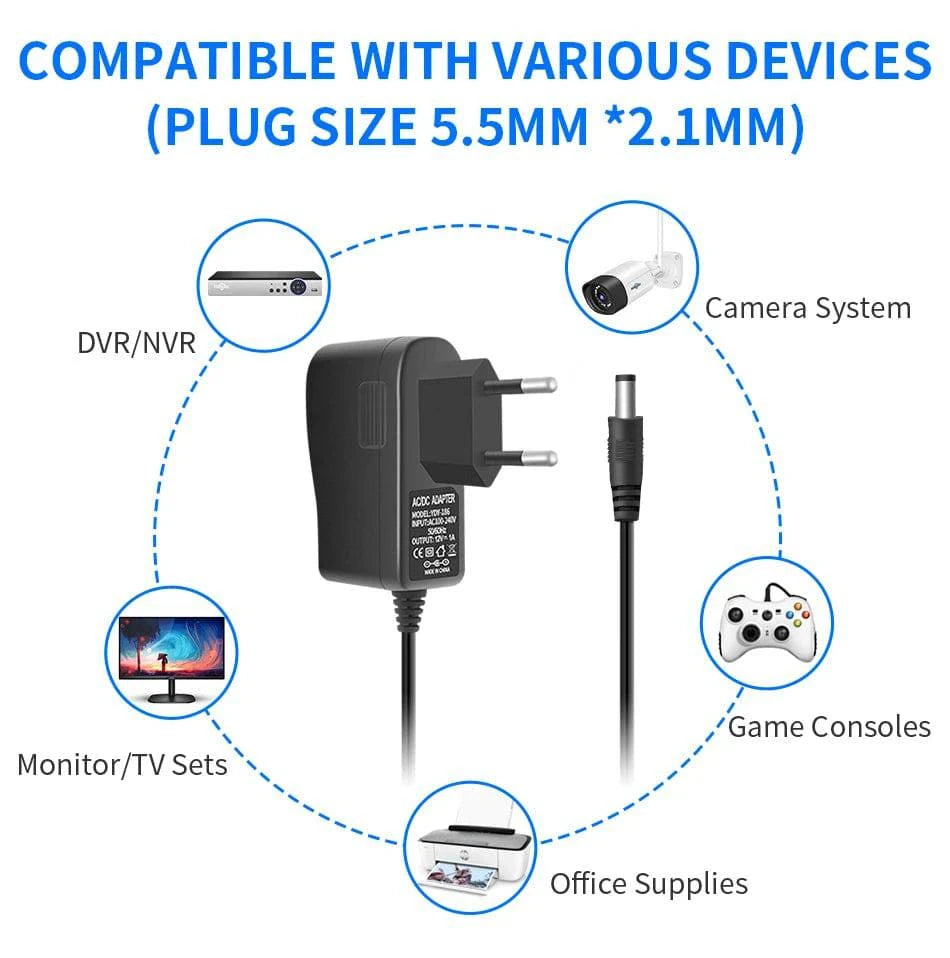 AC100-240V to DC 12V 1A 1000mA 12W Power Adapter 5.5 x 2.1mm Connector size 10 Feet Power Cord Supply for Security Cameras - PST PS Tradings