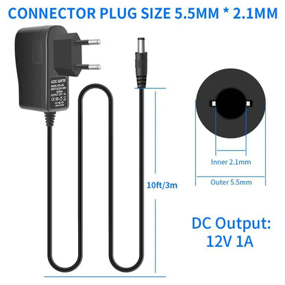 AC100-240V to DC 12V 1A 1000mA 12W Power Adapter 5.5 x 2.1mm Connector size 10 Feet Power Cord Supply for Security Cameras - PST PS Tradings