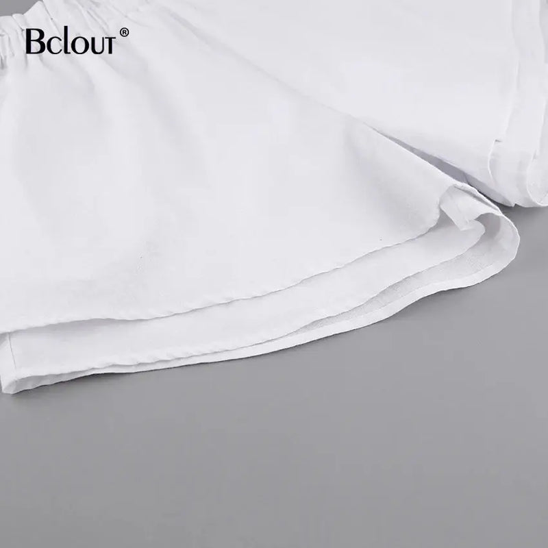 Bclout Summer Linen Ruffle Shorts Sets Women 2 Pieces 2024 Lantern Sleeve  White Tops Loose Elastic Waist Shorts Suits Vacation - Property & Safety Tradings