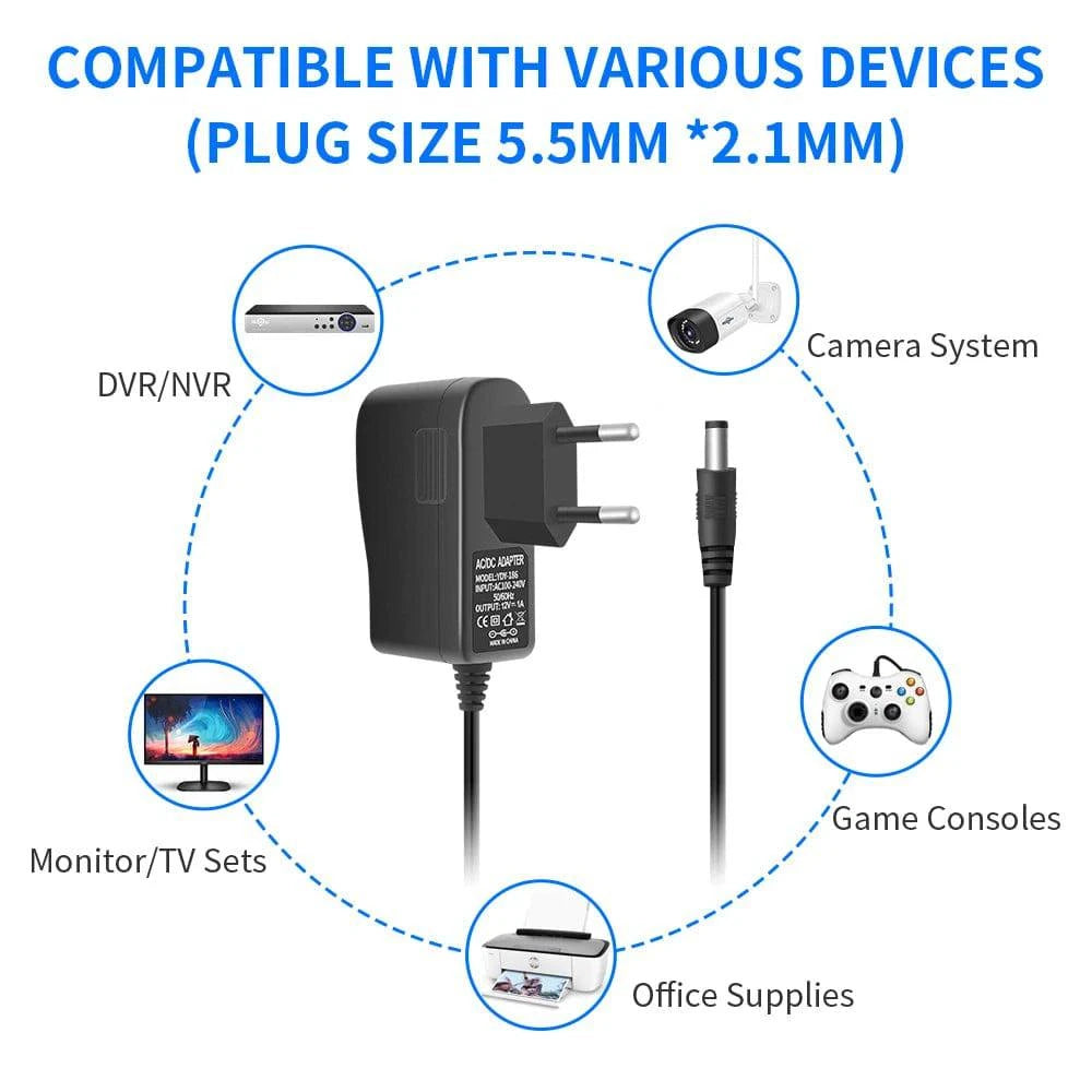 AC100-240V to DC 12V 1A 1000mA 12W Power Adapter 5.5 x 2.1mm Connector size 10 Feet Power Cord Supply for Security Cameras - PST PS Tradings