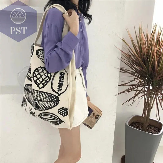 Women Canvas Shoulder Bag Leaf Print Ladies Large Shopping Bags Eco Cotton Linen Cloth Big Handbag Cute Books Tote For Girls - PST PS Tradings