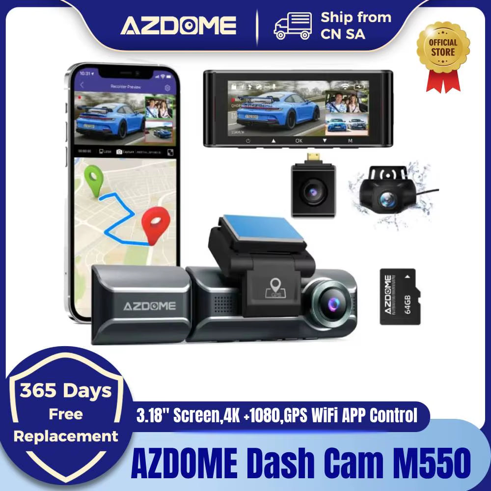 Azdome Dash Cam 4K+1080 3.18'' GPS APP Control Car IR Night Vision 24H Parking Support 3 Cam Rear Cam WIFI