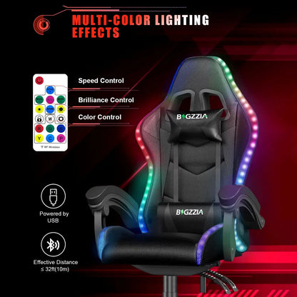 RGB Gaming Chair LED Lights Ergonomic Computer Chair Reclining PU Leather High Back Video Office Chair Adjustable Lumbar Support