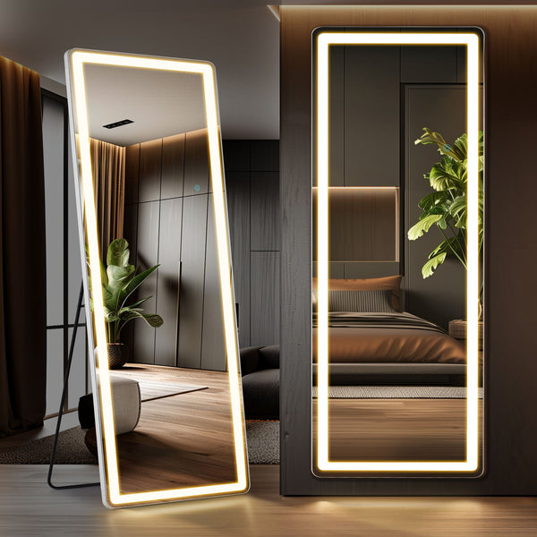 3 Color Lighting Mirror with LED Lights, 71"x26" Lighted Floor Standing Mirror with Stand