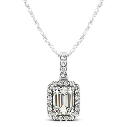 Halo Pendant With Emerald Center Diamond in 14k White Gold (1 1/5 cttw)