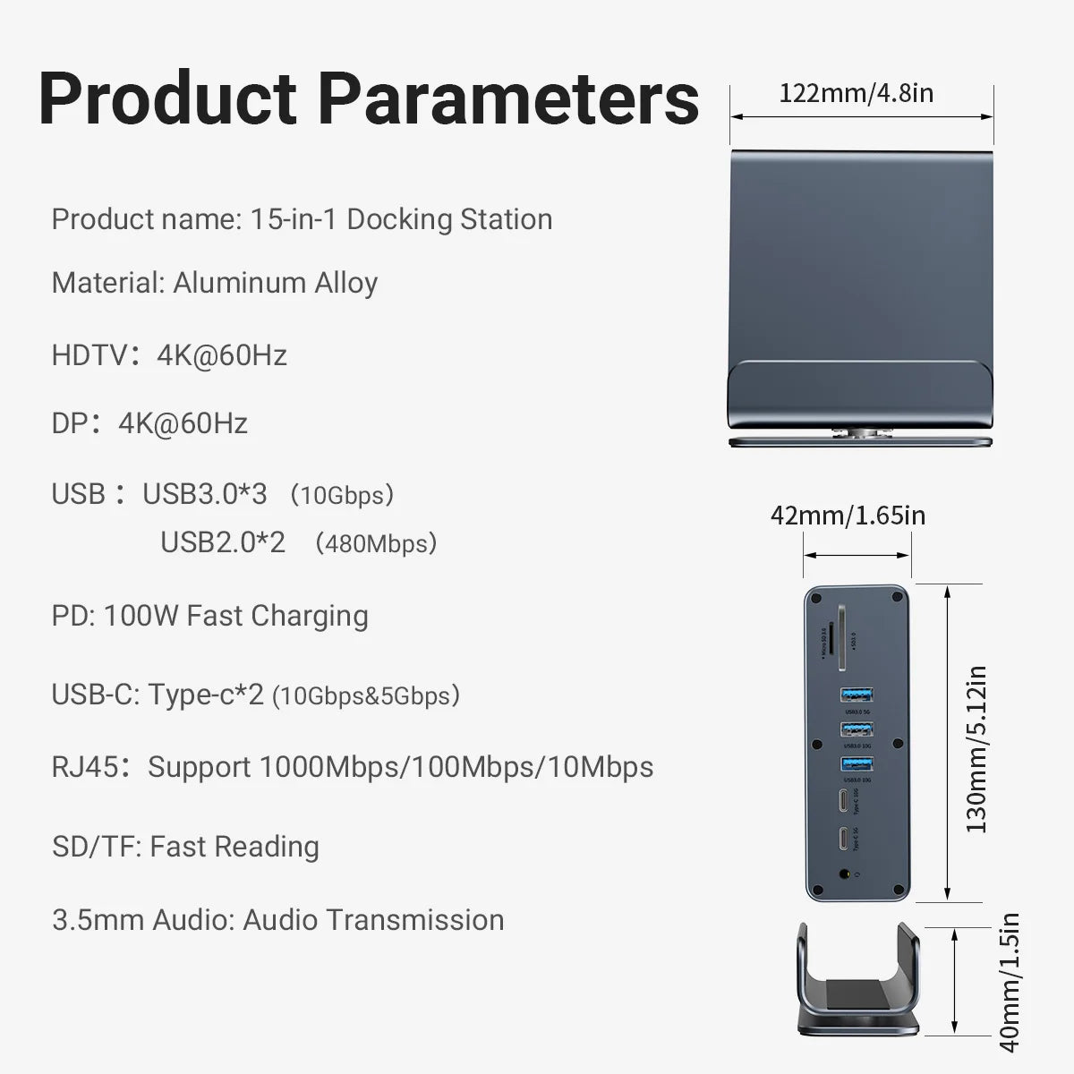 15 in 1 USB-C Docking Station 4K HD Vertical Hub with Triple Monitor ,RJ45 1000M,USB 3.0/2.0,PD 3.0,Sd/Tf,Audio 3.5