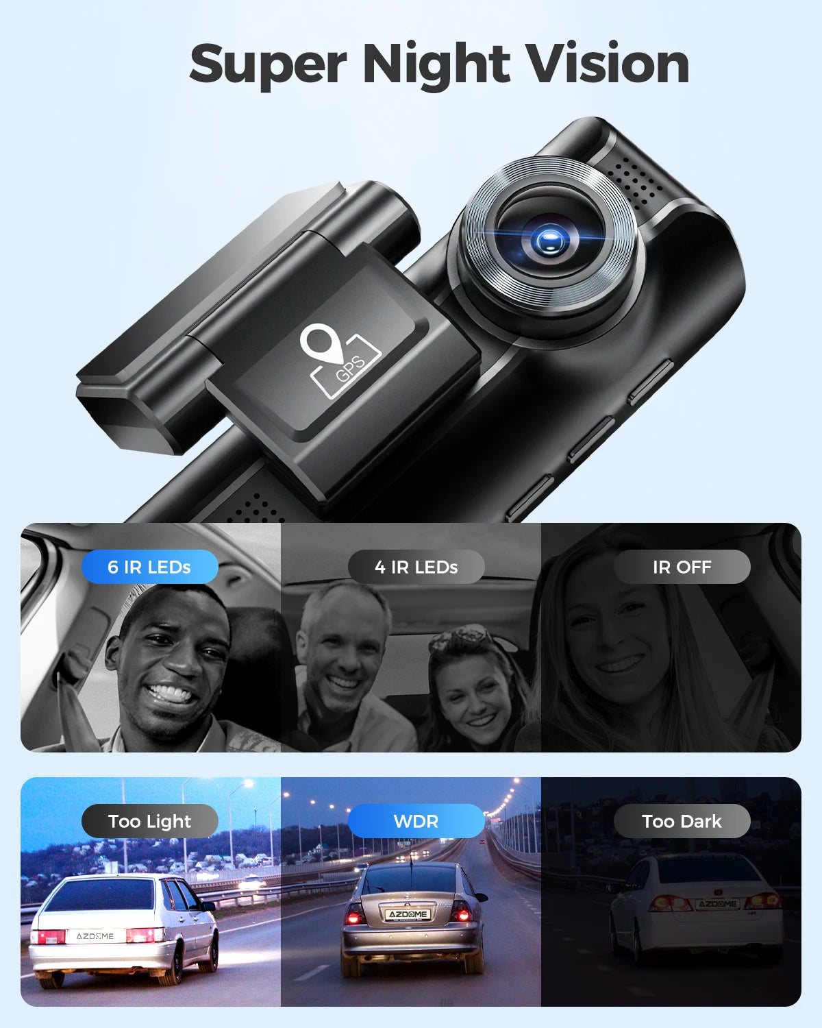 Azdome Dash Cam 4K+1080 3.18'' GPS APP Control Car IR Night Vision 24H Parking Support 3 Cam Rear Cam WIFI