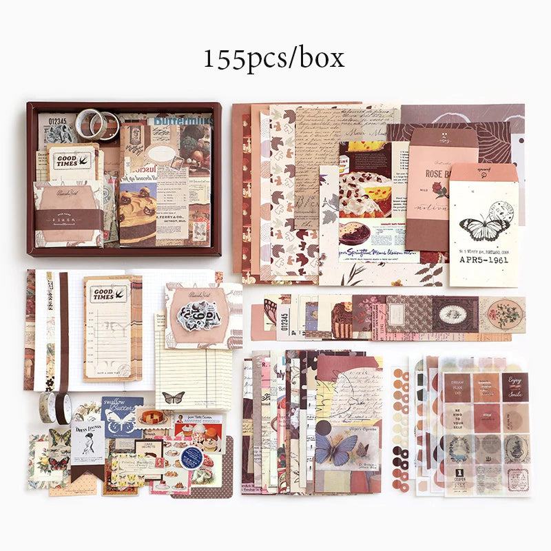 155pcs/set Handbook Gift Box Creative Retro Style Office Student Learning Stationery Gift Set A6 Notebook Variety Material - PST PS Tradings