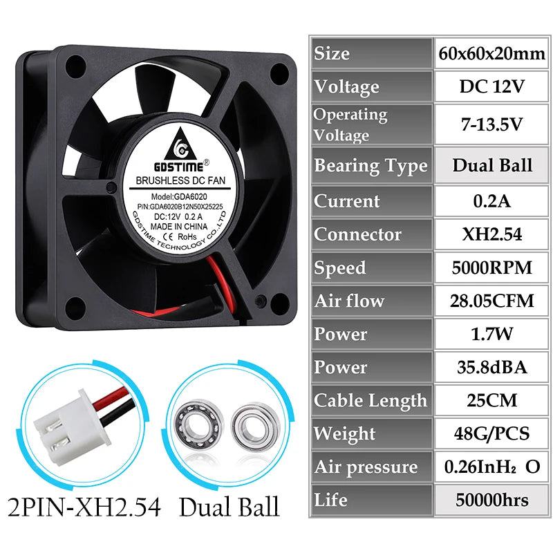 2 Pcs Gdstime 60x60x20mm 6020 12V 24V Dual Ball 3D Printer Cooler Fan 60mmx20mm Brushless Machine Equipment DC Motor Cooling Fan - PST PS Tradings