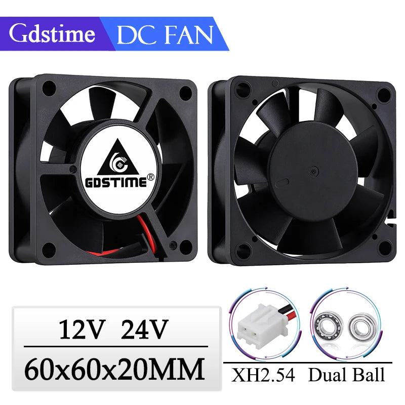 2 Pcs Gdstime 60x60x20mm 6020 12V 24V Dual Ball 3D Printer Cooler Fan 60mmx20mm Brushless Machine Equipment DC Motor Cooling Fan - PST PS Tradings