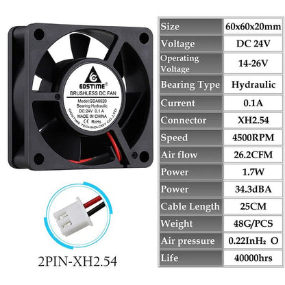 2 Pcs Gdstime 60x60x20mm 6020 12V 24V Dual Ball 3D Printer Cooler Fan 60mmx20mm Brushless Machine Equipment DC Motor Cooling Fan - PST PS Tradings