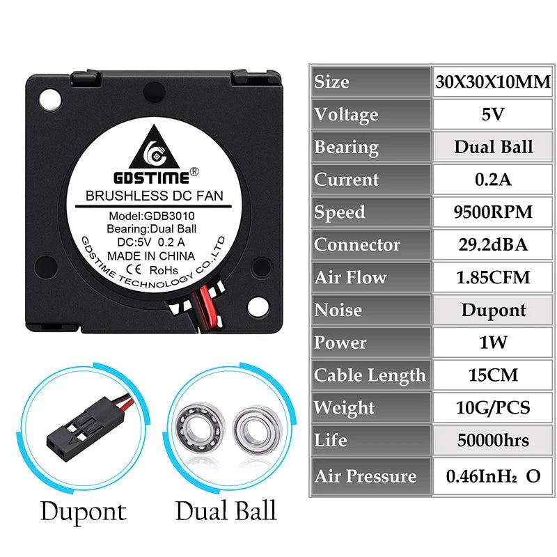 2 Pieces Gdstime DC 5V 12V 24V 30x30x10mm Sleeve Dual Ball 1 inch Small Mini Blower Cooling Fan 30mm x 10mm 3cm 3010 3D Printer