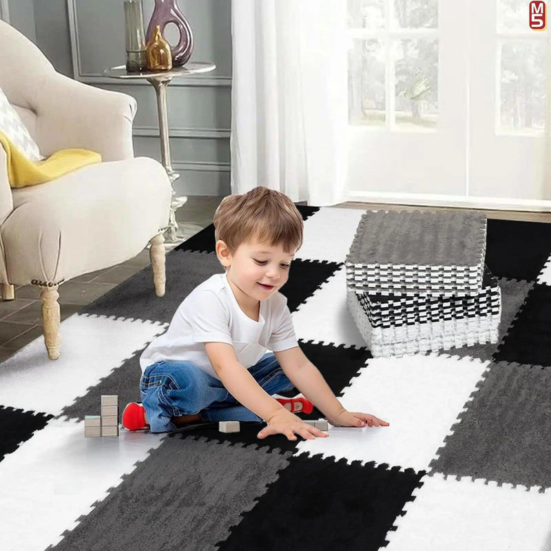 20pcs Soft Plush Baby Gym and Playmat with Interlocking Foam Floor Mat and Puzzle Toy for Infants and Toddlers, Black grey