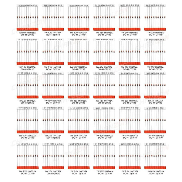 30 Values 1W Zener Diode Assorted Kit 3V 3.3V 3.6V 5.1V 5.6V 7.5V 10V 12V 13V 15V 16V 18V 20V 22V 24V 30V 33V 47V Assortment Set