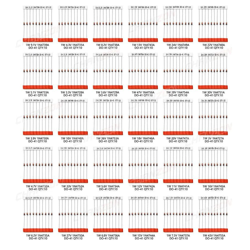 30 Values 1W Zener Diode Assorted Kit 3V 3.3V 3.6V 5.1V 5.6V 7.5V 10V 12V 13V 15V 16V 18V 20V 22V 24V 30V 33V 47V Assortment Set