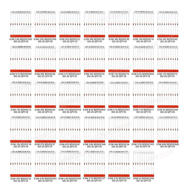 34 Values 0.5W Zener Diode Assorted Kit 2V 3V 3.3V 3.6V 5.1V 5.6V 7.5V 10V 12V 13V 15V 16V 18V 20V 22V 24V 30V 36V 39V 43V 47V - PST PS Tradings