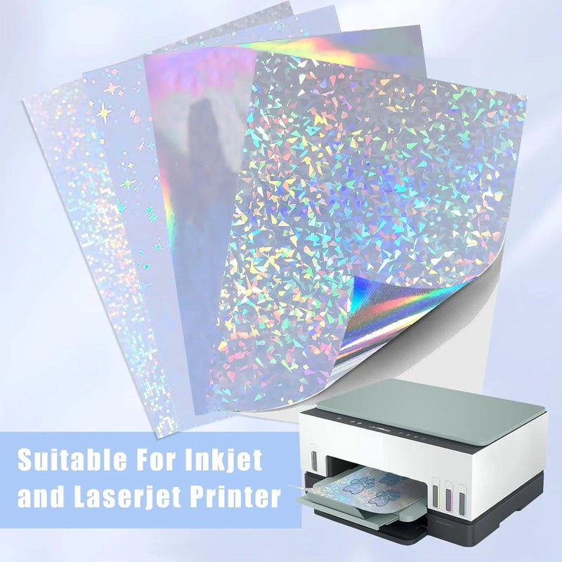 40 Sheets 4 Styles Mixed Holographic Sticker Paper Clear Vinyl Self Adhesive Waterproof Rainbow Transparent Overlay Film A4 Size - PST PS Tradings