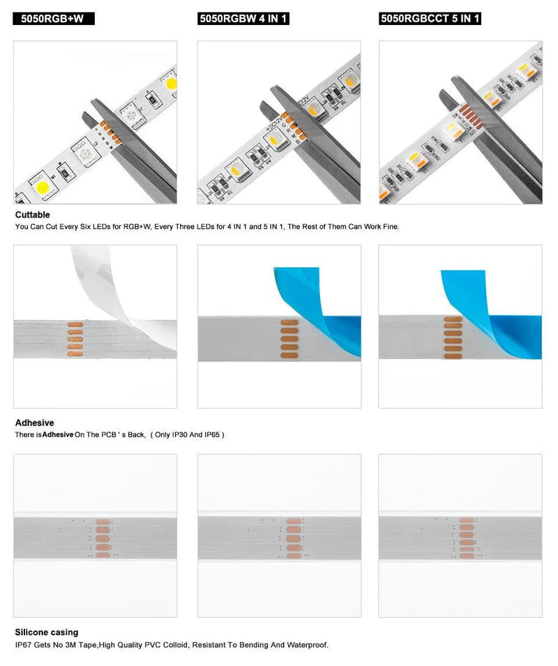 5m 5050 RGBW Led Lights 4pin RGB Led Strip 5pin 4in1 RGBWW RGBCW Led Strip Light 6pin 5in1 RGBCCT Light Strip 12V 24V Waterproof