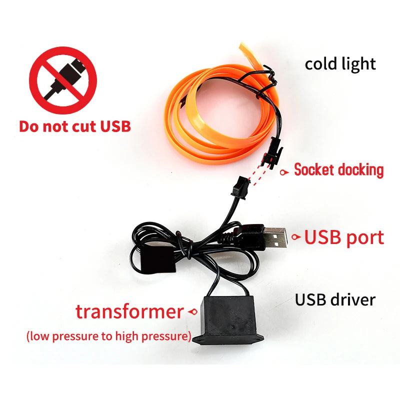 5m Car Interior Accessories Atmosphere Lamp EL Cold Light Line With USB DIY Decorative Dashboard Console Auto LED Ambient Lights - PST PS Tradings