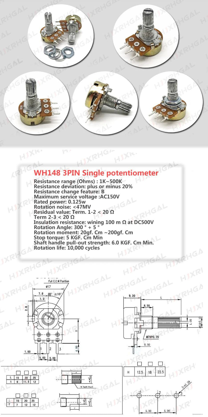 5pcs WH148 B1K B2K B5K B10K B20K B50K B100K B500K 3Pin 15mm Shaft Amplifier Dual Stereo Potentiometer 1K 2K 5K 10K 50K 100K 500K - PST PS Tradings