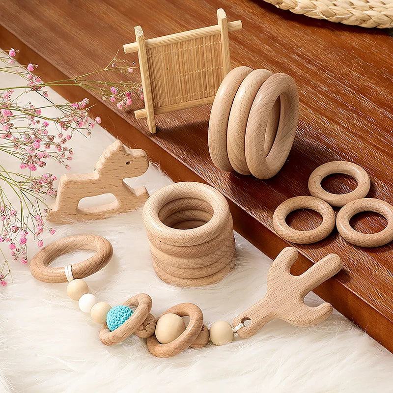 5Pcs Wooden Ring Circle Beech DIY Molar Rod Toys Wood Necklace Pendant Food Grade Beech Wood Teething Baby Teether 40/55/70mm - PST PS Tradings