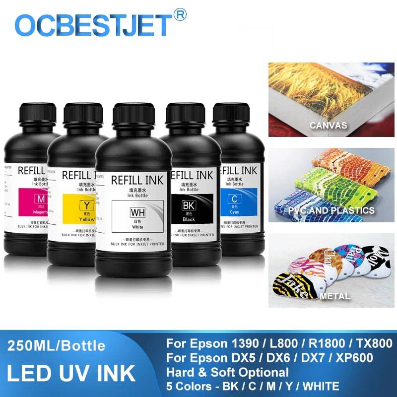 5×250ML LED UV Ink For DX4 DX5 DX6 DX7 DX10 TX800 XP600 Printhead For Epson 1390 L800 L1800 L805 R1800 R1900 UV Flatbed Printer - Property & Safety Tradings