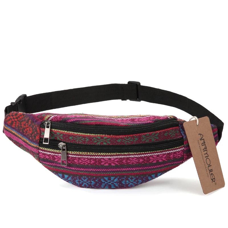 Annmouler New Women Fanny Pack 8 Colors Fabric Waist Packs Bohemian Style Waist Bag 2 Pocket Waist Belt Bag Travel Phone Pouch - PST PS Tradings