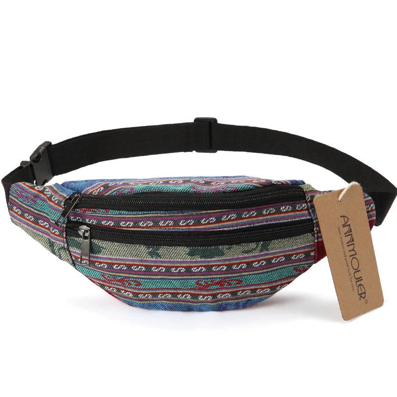 Annmouler New Women Fanny Pack 8 Colors Fabric Waist Packs Bohemian Style Waist Bag 2 Pocket Waist Belt Bag Travel Phone Pouch - PST PS Tradings